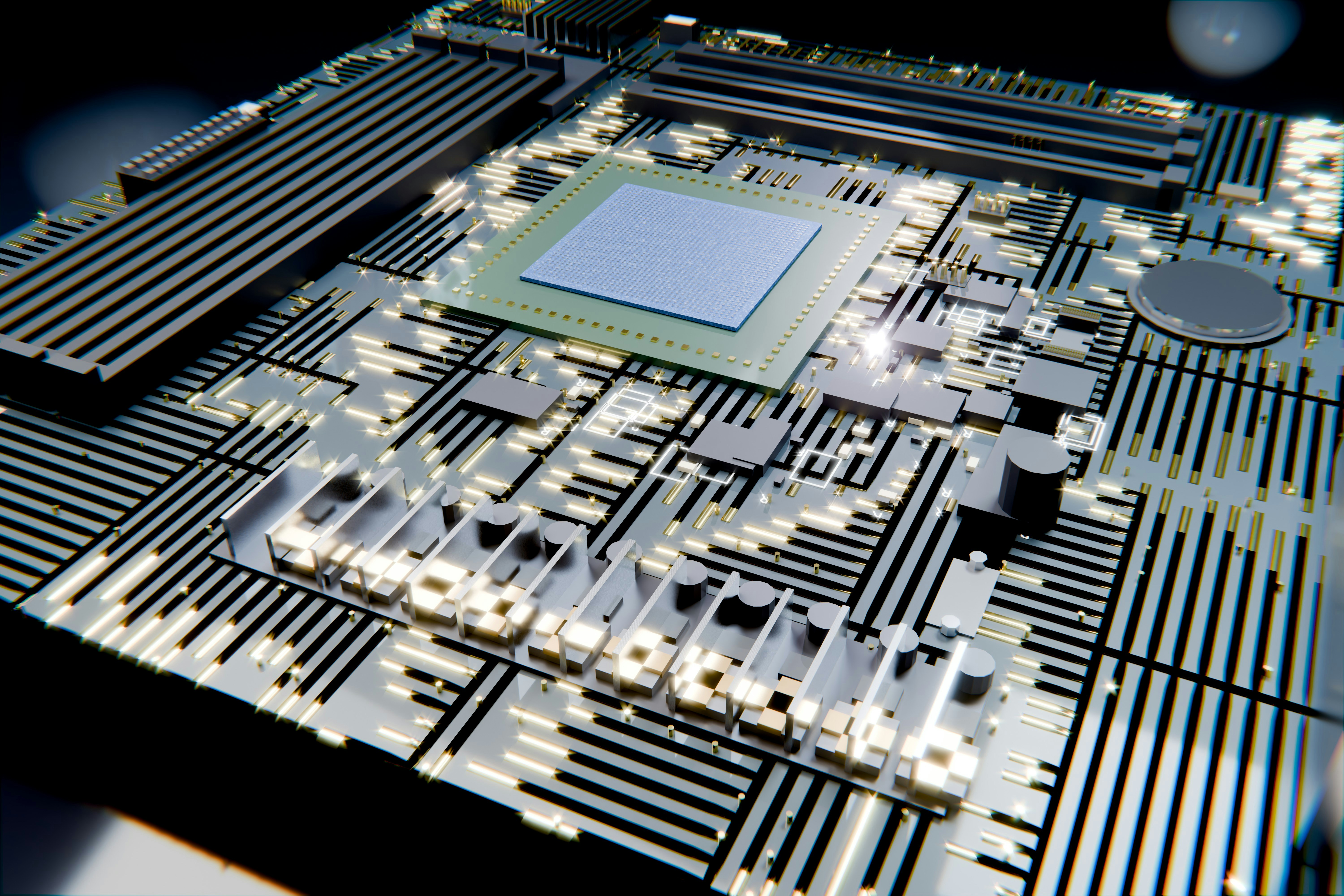 Abstract 3D visualization of high-performance GPU motherboard architecture